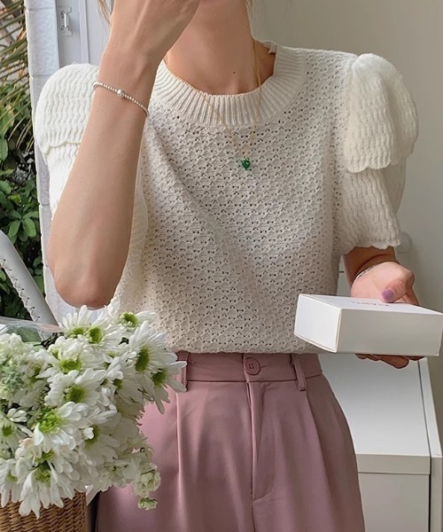 Vipoa(ヴィポア)の「Double puff sleeve summer knit(ニット/セーター・レディース・グレー/ブラック/ホワイト・FREE)」の16枚目の写真