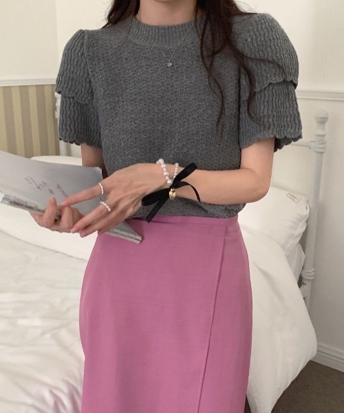 Vipoa(ヴィポア)の「Double puff sleeve summer knit(ニット/セーター・レディース・グレー/ブラック/ホワイト・FREE)」の15枚目の写真