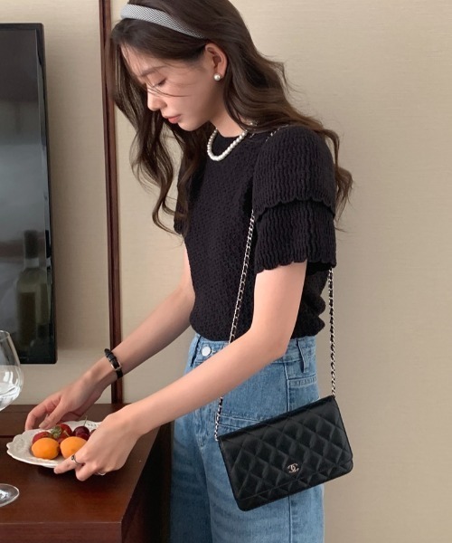 Vipoa(ヴィポア)の「Double puff sleeve summer knit(ニット/セーター・レディース・グレー/ブラック/ホワイト・FREE)」の17枚目の写真