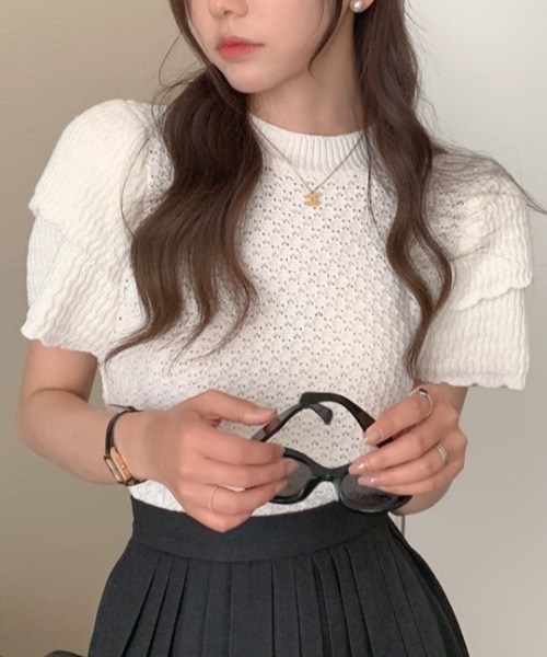 Vipoa(ヴィポア)の「Double puff sleeve summer knit(ニット/セーター・レディース・グレー/ブラック/ホワイト・FREE)」の11枚目の写真
