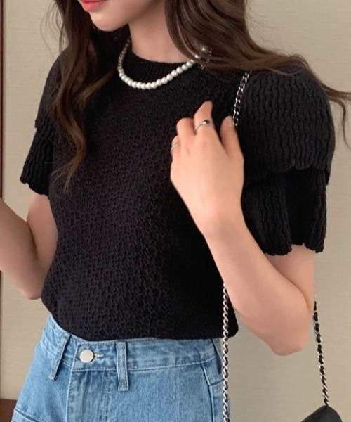 Vipoa(ヴィポア)の「Double puff sleeve summer knit(ニット/セーター・レディース・グレー/ブラック/ホワイト・FREE)」の10枚目の写真