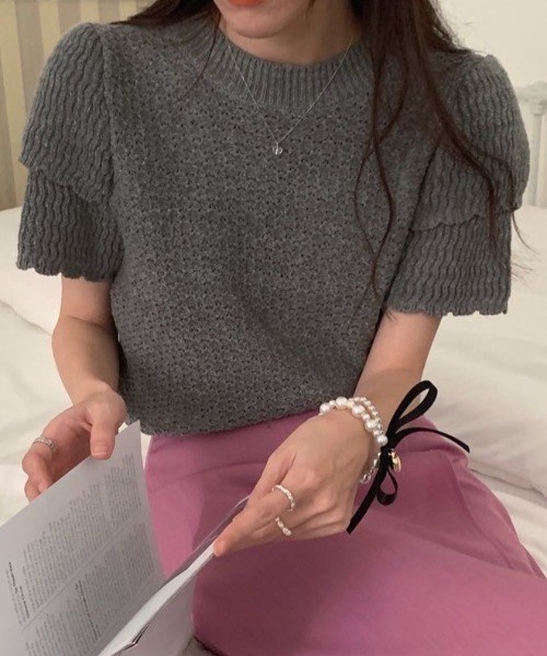Vipoa(ヴィポア)の「Double puff sleeve summer knit(ニット/セーター・レディース・グレー/ブラック/ホワイト・FREE)」の19枚目の写真