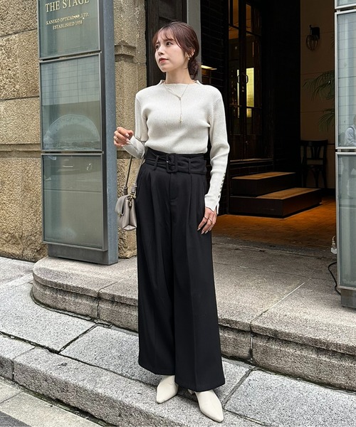 thevon ベルト付きハイウエストタックパンツ チャコールグレー Fサイズ 全骨格細見え】ベルト付きハイウエストタックパンツ | Thevon