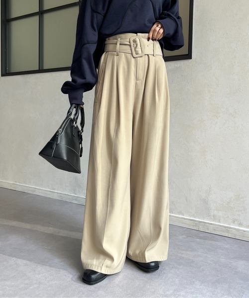 Thevon スラックス パンツ ベルト付きハイウエストタックパンツ