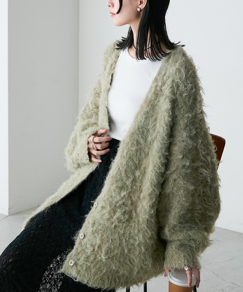 forksy.】モンスターシャギーニットルーズVネックカーディガン forksy