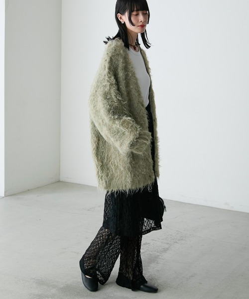 forksy.】モンスターシャギーニットルーズVネックカーディガン forksy