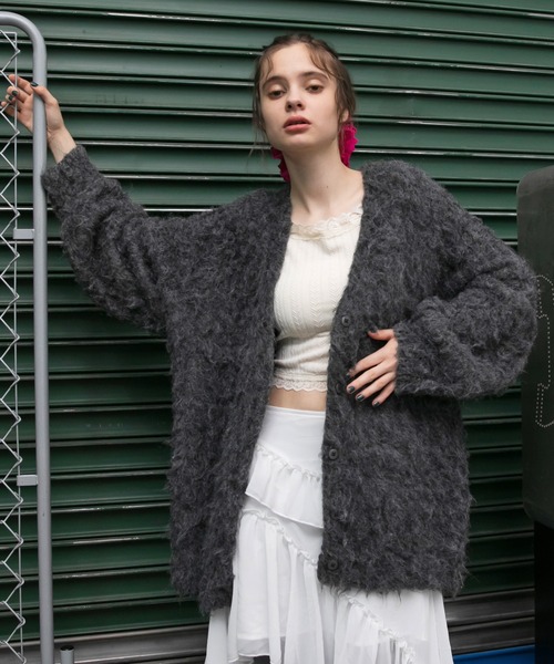 forksy.】モンスターシャギーニットルーズVネックカーディガン forksy