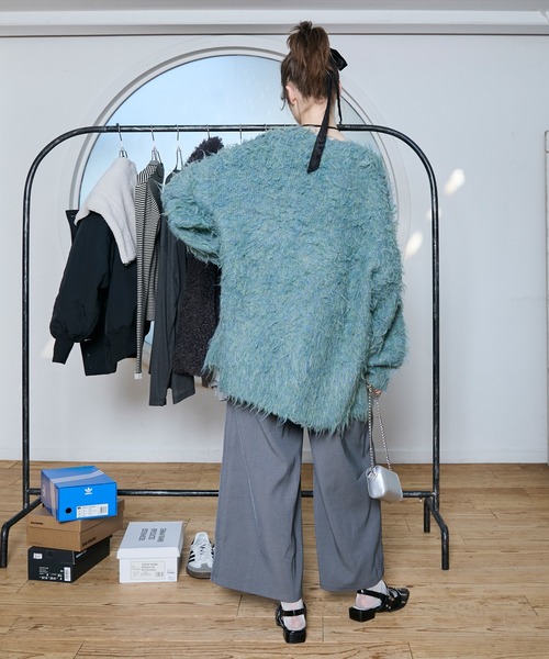 forksy.】モンスターシャギーニットルーズVネックカーディガン