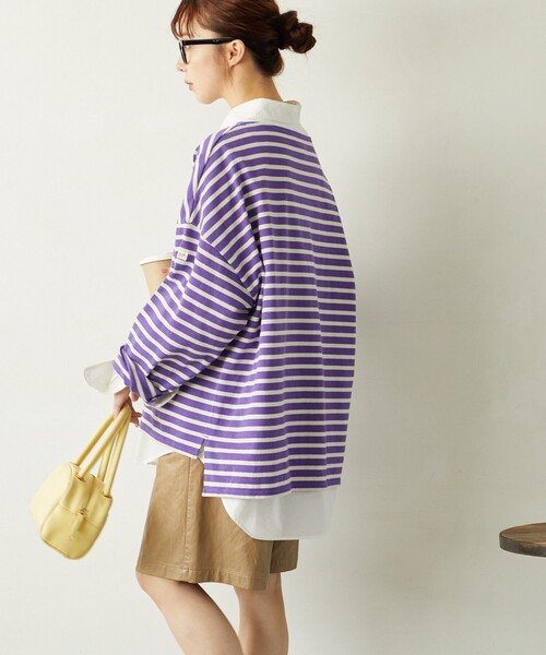 FREAK'S STORE（フリークスストア）の「限定展開　MACOBER×FREAK'S STORE/マコバー　オーバーサイズ バスクボーダー ロングスリーブTシャツ（ビッグシルエット/ロンT）（Tシャツ/カットソー・レディース・ネイビー/ブラック/パープル/レッド・ﾌﾘ-）」の4枚目の写真