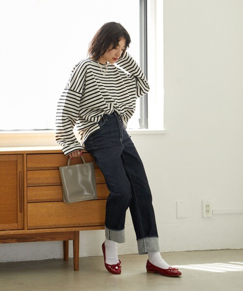 FREAK'S STORE（フリークスストア）の「限定展開　MACOBER×FREAK'S STORE/マコバー　オーバーサイズ バスクボーダー ロングスリーブTシャツ（ビッグシルエット/ロンT）（Tシャツ/カットソー・レディース・ネイビー/ブラック/パープル/レッド・ﾌﾘ-）」の10枚目の写真