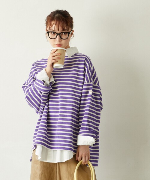 FREAK'S STORE（フリークスストア）の「限定展開　MACOBER×FREAK'S STORE/マコバー　オーバーサイズ バスクボーダー ロングスリーブTシャツ（ビッグシルエット/ロンT）（Tシャツ/カットソー・レディース・ネイビー/ブラック/パープル/レッド・ﾌﾘ-）」の12枚目の写真