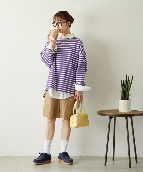 FREAK'S STORE（フリークスストア）の「限定展開　MACOBER×FREAK'S STORE/マコバー　オーバーサイズ バスクボーダー ロングスリーブTシャツ（ビッグシルエット/ロンT）（Tシャツ/カットソー・レディース・ネイビー/ブラック/パープル/レッド・ﾌﾘ-）」の14枚目の写真