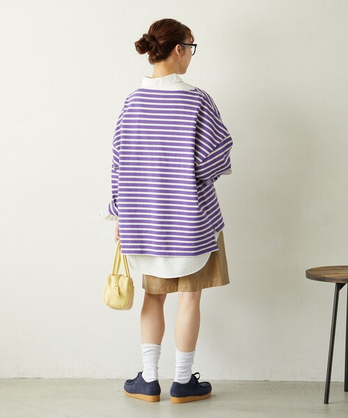 FREAK'S STORE（フリークスストア）の「限定展開　MACOBER×FREAK'S STORE/マコバー　オーバーサイズ バスクボーダー ロングスリーブTシャツ（ビッグシルエット/ロンT）（Tシャツ/カットソー・レディース・ネイビー/ブラック/パープル/レッド・ﾌﾘ-）」の15枚目の写真