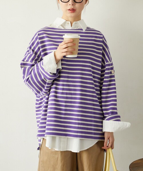 FREAK'S STORE（フリークスストア）の「限定展開　MACOBER×FREAK'S STORE/マコバー　オーバーサイズ バスクボーダー ロングスリーブTシャツ（ビッグシルエット/ロンT）（Tシャツ/カットソー・レディース・ネイビー/ブラック/パープル/レッド・ﾌﾘ-）」の18枚目の写真