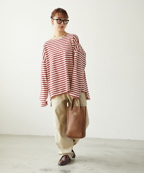 FREAK'S STORE（フリークスストア）の「限定展開　MACOBER×FREAK'S STORE/マコバー　オーバーサイズ バスクボーダー ロングスリーブTシャツ（ビッグシルエット/ロンT）（Tシャツ/カットソー・レディース・ネイビー/ブラック/パープル/レッド・ﾌﾘ-）」の20枚目の写真