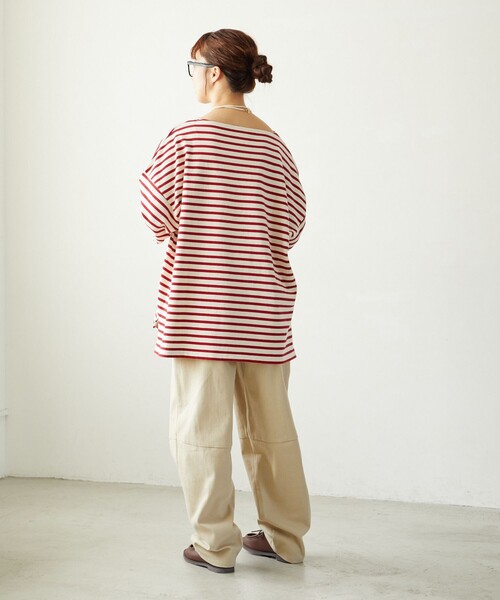 FREAK'S STORE（フリークスストア）の「限定展開　MACOBER×FREAK'S STORE/マコバー　オーバーサイズ バスクボーダー ロングスリーブTシャツ（ビッグシルエット/ロンT）（Tシャツ/カットソー・レディース・ネイビー/ブラック/パープル/レッド・ﾌﾘ-）」の22枚目の写真