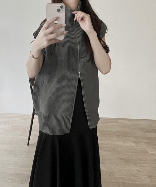 セール】ローゲージWジップニットベスト / ジレ ダブルジップ