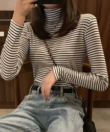 2type タートルネック・ハイネックボーダーカットソー