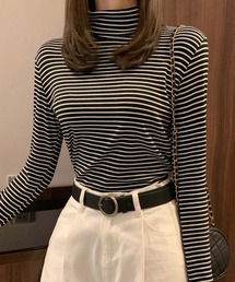 2type タートルネック・ハイネックボーダーカットソー