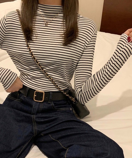 Girly Doll(ガーリードール)の「2type タートルネック・ハイネックボーダーカットソー(Tシャツ/カットソー・レディース・ブラック系その他/グレー/グレー系その他/ブラック/ホワイト系その他/ホワイト・FREE)」の8枚目の写真