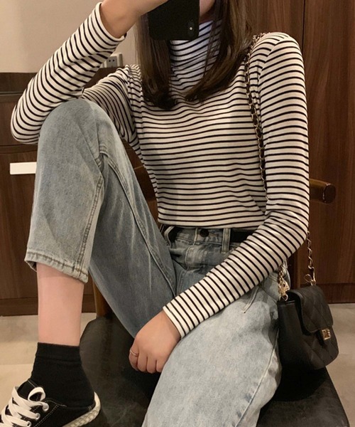 Girly Doll(ガーリードール)の「2type タートルネック・ハイネックボーダーカットソー(Tシャツ/カットソー・レディース・ブラック系その他/グレー/グレー系その他/ブラック/ホワイト系その他/ホワイト・FREE)」の10枚目の写真