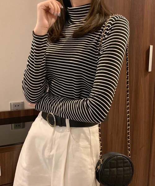 Girly Doll(ガーリードール)の「2type タートルネック・ハイネックボーダーカットソー(Tシャツ/カットソー・レディース・ブラック系その他/グレー/グレー系その他/ブラック/ホワイト系その他/ホワイト・FREE)」の12枚目の写真