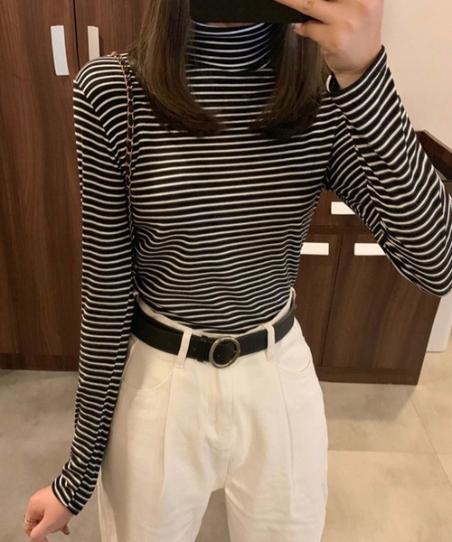 Girly Doll(ガーリードール)の「2type タートルネック・ハイネックボーダーカットソー(Tシャツ/カットソー・レディース・ブラック系その他/グレー/グレー系その他/ブラック/ホワイト系その他/ホワイト・FREE)」の13枚目の写真