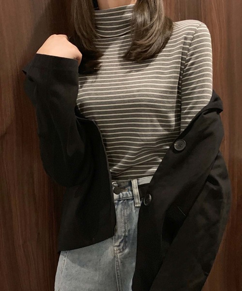 Girly Doll(ガーリードール)の「2type タートルネック・ハイネックボーダーカットソー(Tシャツ/カットソー・レディース・ブラック系その他/グレー/グレー系その他/ブラック/ホワイト系その他/ホワイト・FREE)」の15枚目の写真