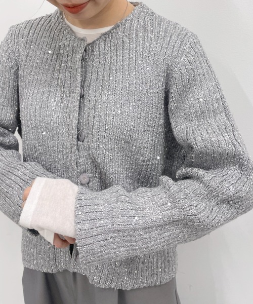 Omekashi（オメカシ）の「スパンコールニットカーディガン（カーディガン/ボレロ・レディース・ブラック/ライトグレー・FREE）」の4枚目の写真