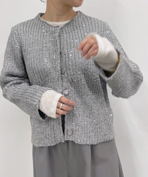 Omekashi（オメカシ）の「スパンコールニットカーディガン（カーディガン/ボレロ・レディース・ブラック/ライトグレー・FREE）」の5枚目の写真
