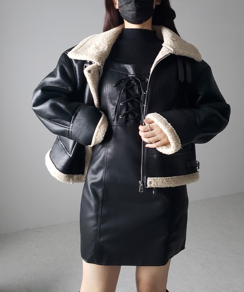 me+em select(ミームセレクト)の「【 2点セット 】フェイクレザーミニキャミワンピース&リブニットトップス SET(ワンピース・レディース・ブラック・MEDIUM/LARGE)」の14枚目の写真