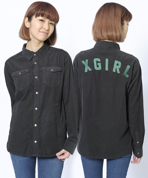 X-girl（エックスガール）の「CORDUROY EMBROIDERED SHIRT（シャツ/ブラウス・レディース・チャコールグレー/ベージュ/ライトブルー・1/2）」の2枚目の写真