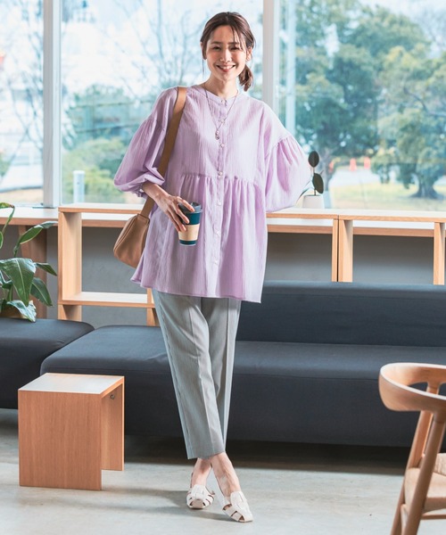 極美品【グローバルワーク】インディゴ　ノーカラー　パンツスーツ　ウエストゴム　L GLOBAL WORK パンツ スゴラクストレッチスリムパンツ/147670