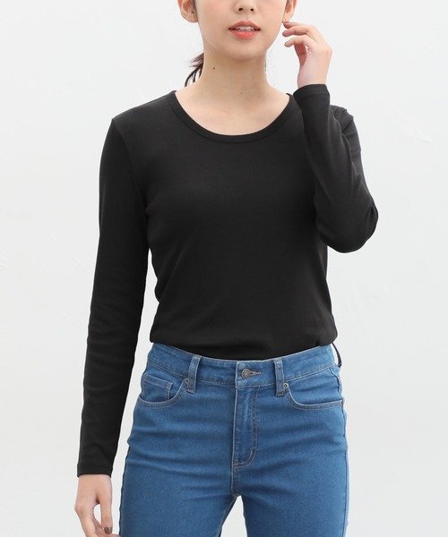 Honeys(ハニーズ)の「オーガニックUネックTシャツ(Tシャツ/カットソー・レディース・オフホワイト/ブラック/グレー系その他/ホワイト×ブラック/ベージュ×ブラック・M/L/LL)」の4枚目の写真