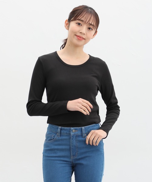 Honeys(ハニーズ)の「オーガニックUネックTシャツ(Tシャツ/カットソー・レディース・オフホワイト/ブラック/グレー系その他/ホワイト×ブラック/ベージュ×ブラック・M/L/LL)」の15枚目の写真