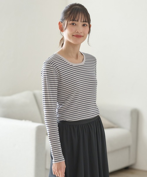 Honeys(ハニーズ)の「オーガニックUネックTシャツ(Tシャツ/カットソー・レディース・オフホワイト/ブラック/グレー系その他/ホワイト×ブラック/ベージュ×ブラック・M/L/LL)」の19枚目の写真