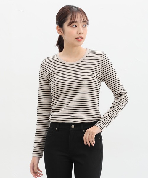 Honeys(ハニーズ)の「オーガニックUネックTシャツ(Tシャツ/カットソー・レディース・オフホワイト/ブラック/グレー系その他/ホワイト×ブラック/ベージュ×ブラック・M/L/LL)」の20枚目の写真