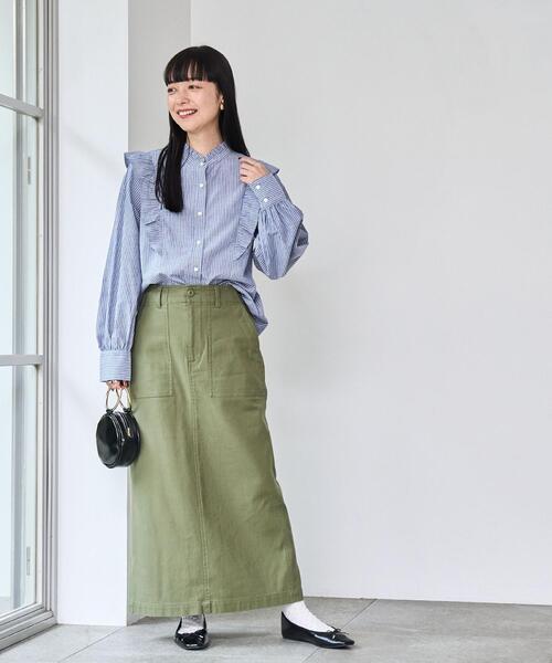 coen(コーエン)の「コンフォートバックサテンベイカースカート(WEB限定サイズ)(スカート・レディース・オリーブ/オフホワイト/ダークグレー・L/M/S/XL)」の8枚目の写真