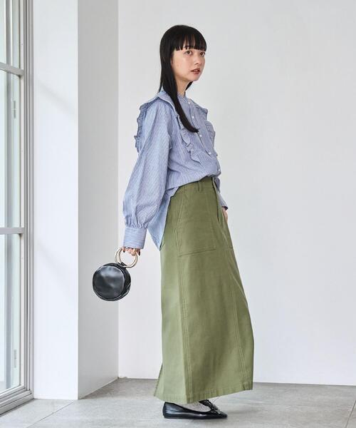coen(コーエン)の「コンフォートバックサテンベイカースカート(WEB限定サイズ)(スカート・レディース・オリーブ/オフホワイト/ダークグレー・L/M/S/XL)」の9枚目の写真