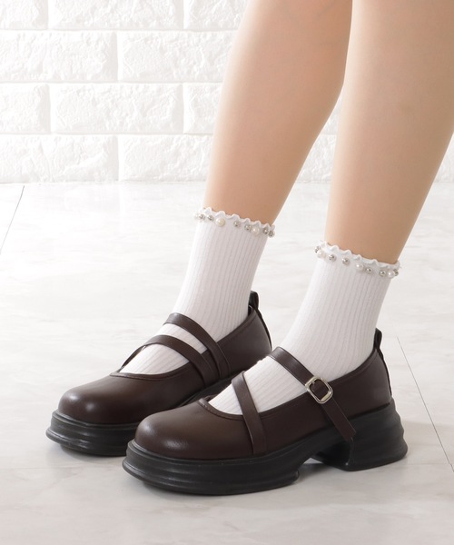 セール】厚底 ダブル ストラップ ボリューム パンプス（パンプス