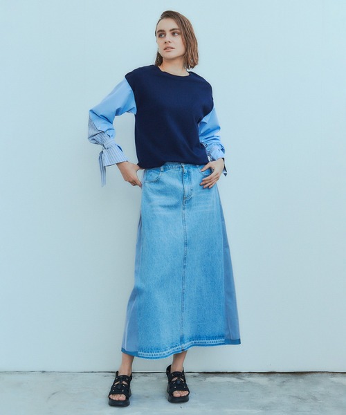 Editt by YECCA VECCA（エディットバイイェッカヴェッカ）の「異素材MIXデニムスカート（スカート・レディース・インディゴブルー/ライトインディゴブルー・FREE）」の9枚目の写真