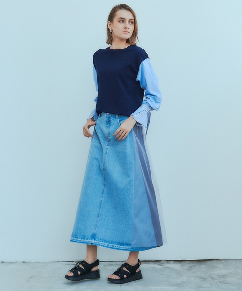 Editt by YECCA VECCA（エディットバイイェッカヴェッカ）の「異素材MIXデニムスカート（スカート・レディース・インディゴブルー/ライトインディゴブルー・FREE）」の21枚目の写真