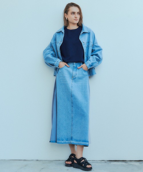 Editt by YECCA VECCA（エディットバイイェッカヴェッカ）の「異素材MIXデニムスカート（スカート・レディース・インディゴブルー/ライトインディゴブルー・FREE）」の5枚目の写真