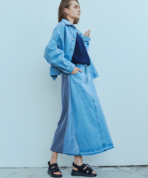 Editt by YECCA VECCA（エディットバイイェッカヴェッカ）の「異素材MIXデニムスカート（スカート・レディース・インディゴブルー/ライトインディゴブルー・FREE）」の3枚目の写真