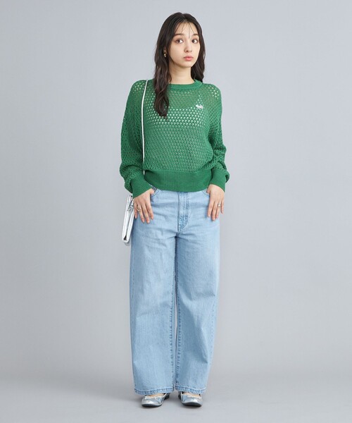 PENNEYS（ぺニーズ）の「PENNEYS（ぺニーズ）別注メッシュクルーネックニット（ニット/セーター・レディース・ホワイト/ケリーグリーン・FREE）」の5枚目の写真