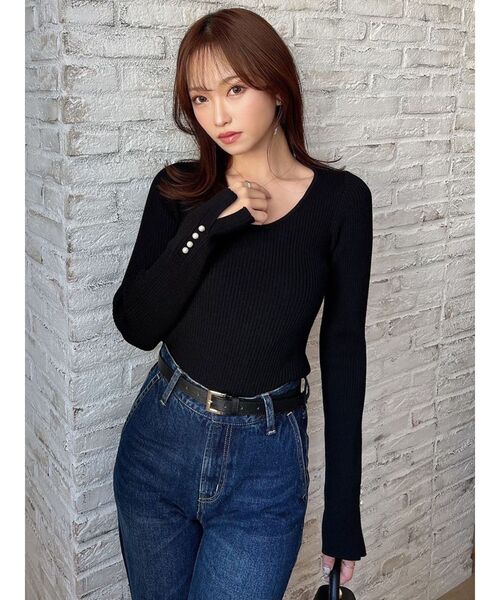 RESEXXY（リゼクシー）の「パールスリーブリブニットトップス（ニット/セーター・レディース・ブルー/ブラック/ホワイト・FREE）」の11枚目の写真