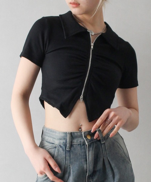 SpRay(スプレイ)の「シャーリングジップトップス(Tシャツ/カットソー・レディース・ホワイト/カーキ/ブラック/グレー・FREE)」の3枚目の写真
