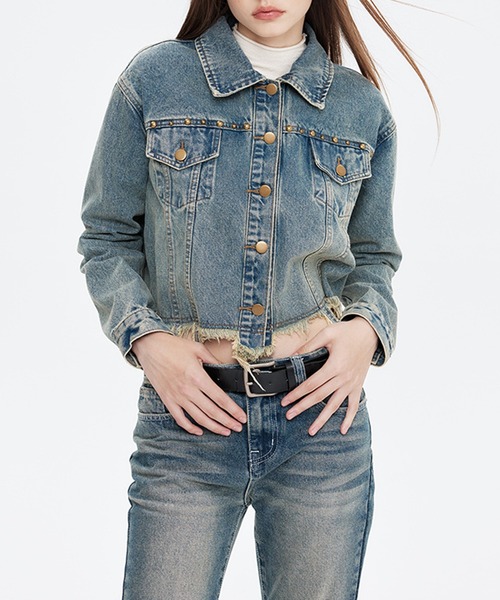 HOOK（フック）の「【HOOK】for girls　裾カットオフショット丈ウォッシュデニムジャケット（デニムジャケット・レディース・ブラック/ブルー・S/M/L）」の10枚目の写真
