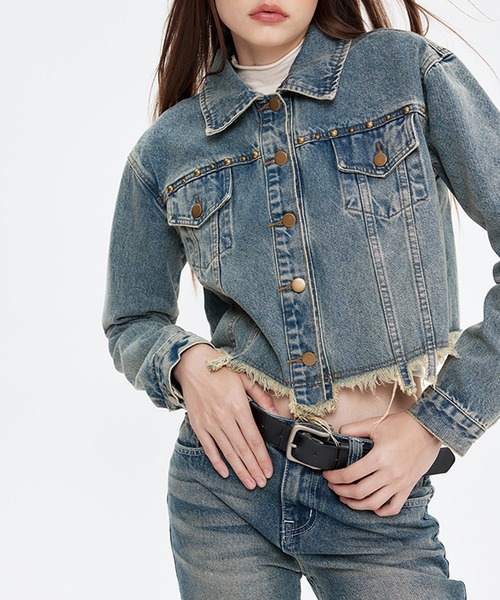 HOOK（フック）の「【HOOK】for girls　裾カットオフショット丈ウォッシュデニムジャケット（デニムジャケット・レディース・ブラック/ブルー・S/M/L）」の11枚目の写真