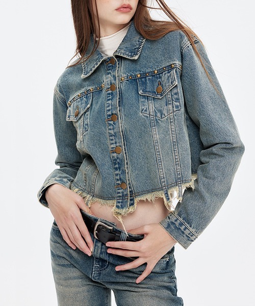 HOOK（フック）の「【HOOK】for girls　裾カットオフショット丈ウォッシュデニムジャケット（デニムジャケット・レディース・ブラック/ブルー・S/M/L）」の12枚目の写真